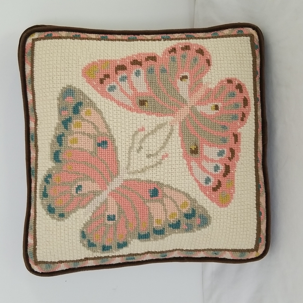 1970s Vintage Needlepoint Butterfly Bohemian Accent Pillow Velvet Back